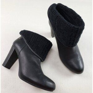Ugg Dandylion Leather Ankle Boot Womens 10 Black Heeled Knit Cuff Pull On Bootie